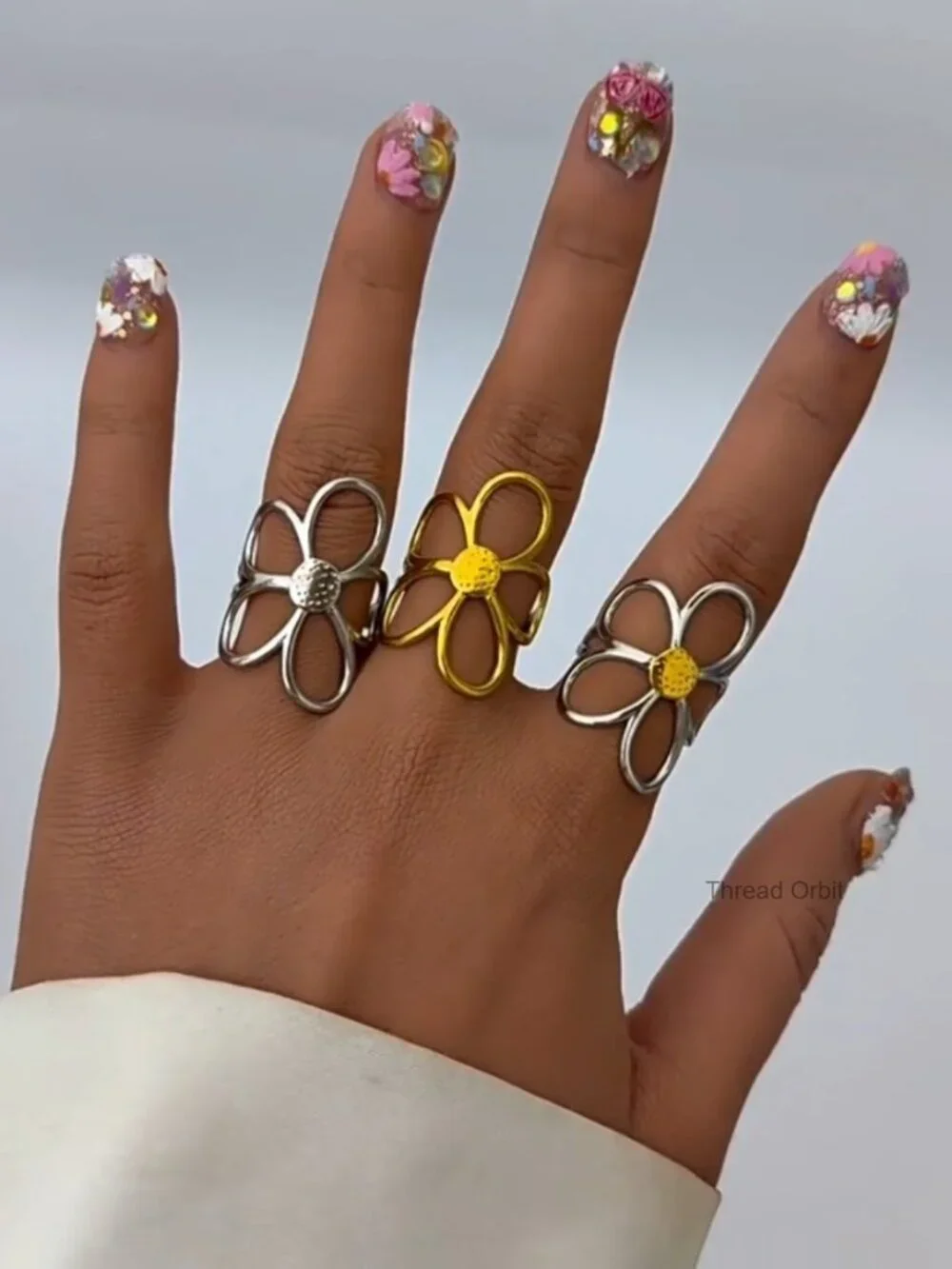 Adjustable Chunky Hollow Flower Stainless Steel Ring for Women